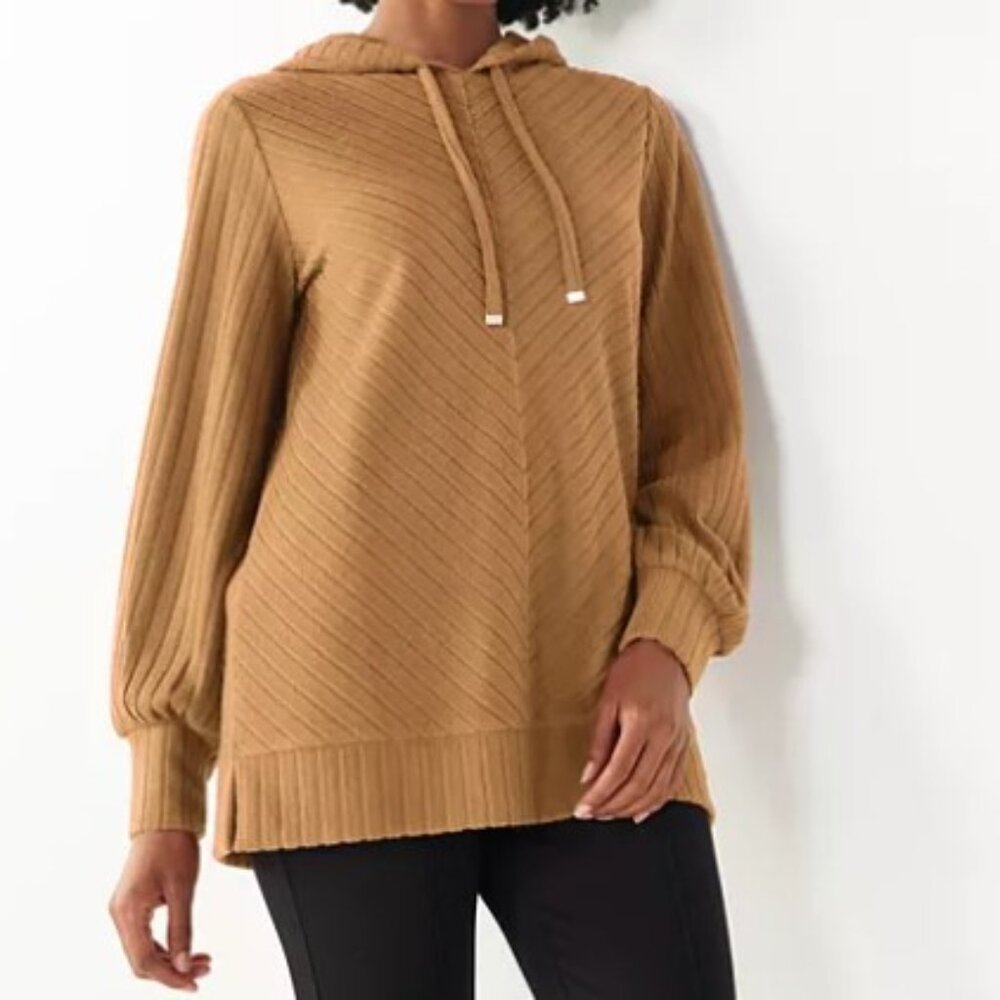 Nine West Women's Large Brown/Gold Tunic Textured Hoodie Sweatshirt